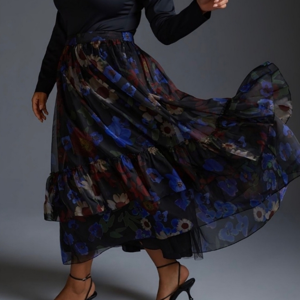 Anthropologie Geisha Designs Ruffled Floral Midi Skirt